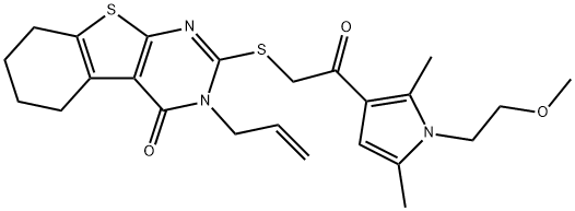 3-allyl-2-((2-(1-(2-methoxyethyl)-2,5-dimethyl-1H-pyrrol-3-yl)-2-oxoethyl)thio)-5,6,7,8-tetrahydrobenzo[4,5]thieno[2,3-d]pyrimidin-4(3H)-one Struktur