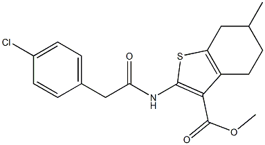 methyl 2-[[2-(4-chlorophenyl)acetyl]amino]-6-methyl-4,5,6,7-tetrahydro-1-benzothiophene-3-carboxylate Struktur