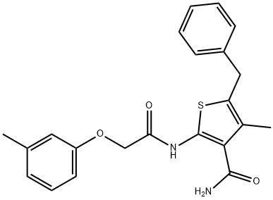 5-benzyl-4-methyl-2-{[(3-methylphenoxy)acetyl]amino}-3-thiophenecarboxamide Struktur