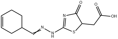 2-((E)-2-(((E)-cyclohex-3-en-1-ylmethylene)hydrazono)-4-oxothiazolidin-5-yl)acetic acid Struktur