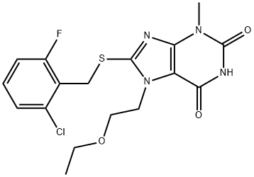 8-((2-chloro-6-fluorobenzyl)thio)-7-(2-ethoxyethyl)-3-methyl-3,7-dihydro-1H-purine-2,6-dione Struktur