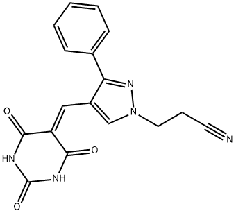 3-(3-phenyl-4-((2,4,6-trioxotetrahydropyrimidin-5(2H)-ylidene)methyl)-1H-pyrazol-1-yl)propanenitrile Struktur