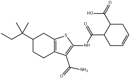 6-[[3-carbamoyl-6-(2-methylbutan-2-yl)-4,5,6,7-tetrahydro-1-benzothiophen-2-yl]carbamoyl]cyclohex-3-ene-1-carboxylic acid Struktur