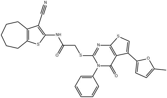 N-(3-cyano-5,6,7,8-tetrahydro-4H-cyclohepta[b]thiophen-2-yl)-2-((5-(5-methylfuran-2-yl)-4-oxo-3-phenyl-3,4-dihydrothieno[2,3-d]pyrimidin-2-yl)thio)acetamide Struktur