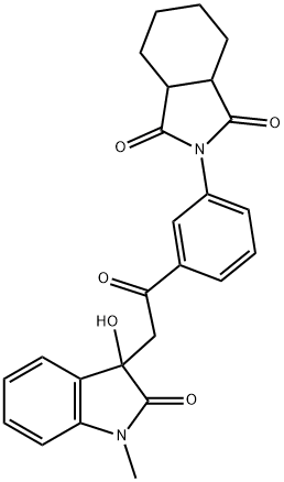 2-[3-[2-(3-hydroxy-1-methyl-2-oxoindol-3-yl)acetyl]phenyl]-3a,4,5,6,7,7a-hexahydroisoindole-1,3-dione Struktur