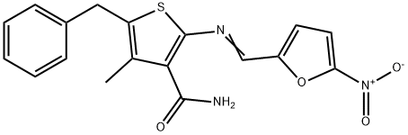 5-benzyl-4-methyl-2-{[(5-nitro-2-furyl)methylene]amino}-3-thiophenecarboxamide Struktur