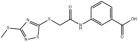 3-[[2-[(3-methylsulfanyl-1,2,4-thiadiazol-5-yl)sulfanyl]acetyl]amino]benzoic acid Struktur