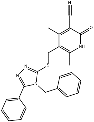 5-{[(4-benzyl-5-phenyl-4H-1,2,4-triazol-3-yl)sulfanyl]methyl}-4,6-dimethyl-2-oxo-1,2-dihydropyridine-3-carbonitrile Struktur