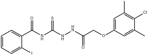 N-({2-[(4-chloro-3,5-dimethylphenoxy)acetyl]hydrazino}carbonothioyl)-2-iodobenzamide Struktur