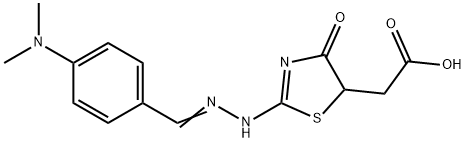 2-((Z)-2-(((E)-4-(dimethylamino)benzylidene)hydrazono)-4-oxothiazolidin-5-yl)acetic acid Struktur