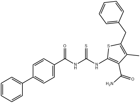 5-benzyl-2-({[(4-biphenylylcarbonyl)amino]carbonothioyl}amino)-4-methyl-3-thiophenecarboxamide Struktur