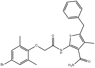 5-benzyl-2-{[(4-bromo-2,6-dimethylphenoxy)acetyl]amino}-4-methyl-3-thiophenecarboxamide Struktur