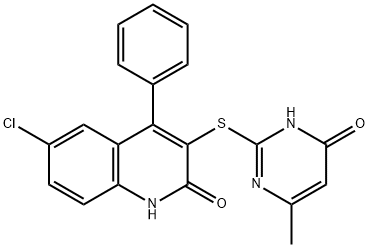 6-chloro-3-[(4-hydroxy-6-methylpyrimidin-2-yl)sulfanyl]-4-phenylquinolin-2(1H)-one Struktur