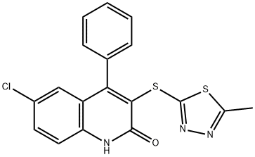 6-chloro-3-[(5-methyl-1,3,4-thiadiazol-2-yl)sulfanyl]-4-phenylquinolin-2(1H)-one Struktur