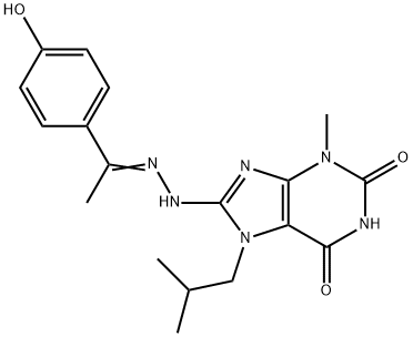 (E)-8-(2-(1-(4-hydroxyphenyl)ethylidene)hydrazinyl)-7-isobutyl-3-methyl-3,7-dihydro-1H-purine-2,6-dione Struktur