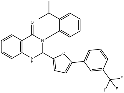 3-[2-(propan-2-yl)phenyl]-2-{5-[3-(trifluoromethyl)phenyl]furan-2-yl}-2,3-dihydroquinazolin-4(1H)-one Struktur