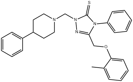 5-[(2-methylphenoxy)methyl]-4-phenyl-2-[(4-phenylpiperidin-1-yl)methyl]-2,4-dihydro-3H-1,2,4-triazole-3-thione Struktur