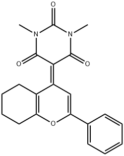 1,3-dimethyl-5-(2-phenyl-5,6,7,8-tetrahydro-4H-chromen-4-ylidene)pyrimidine-2,4,6(1H,3H,5H)-trione Struktur