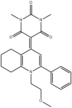 5-(1-(2-methoxyethyl)-2-phenyl-5,6,7,8-tetrahydroquinolin-4(1H)-ylidene)-1,3-dimethylpyrimidine-2,4,6(1H,3H,5H)-trione Struktur