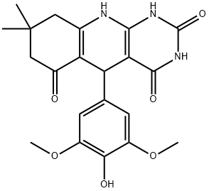 5-(4-hydroxy-3,5-dimethoxyphenyl)-8,8-dimethyl-5,8,9,10-tetrahydropyrimido[4,5-b]quinoline-2,4,6(1H,3H,7H)-trione Struktur