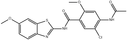 4-acetamido-5-chloro-2-methoxy-N-(6-methoxy-1,3-benzothiazol-2-yl)benzamide Struktur