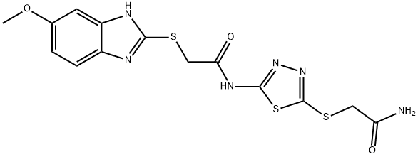 N-{5-[(2-amino-2-oxoethyl)sulfanyl]-1,3,4-thiadiazol-2-yl}-2-[(5-methoxy-1H-benzimidazol-2-yl)sulfanyl]acetamide Struktur