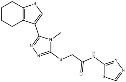 2-[[4-methyl-5-(4,5,6,7-tetrahydro-1-benzothiophen-3-yl)-1,2,4-triazol-3-yl]sulfanyl]-N-(1,3,4-thiadiazol-2-yl)acetamide Struktur