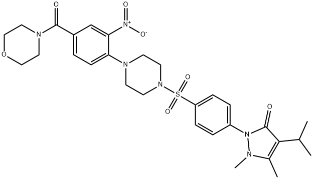 1,5-dimethyl-2-[4-[4-[4-(morpholine-4-carbonyl)-2-nitrophenyl]piperazin-1-yl]sulfonylphenyl]-4-propan-2-ylpyrazol-3-one Struktur