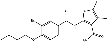 2-{[3-bromo-4-(3-methylbutoxy)benzoyl]amino}-4,5-dimethyl-3-thiophenecarboxamide Struktur