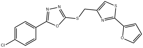 2-(4-chlorophenyl)-5-[[2-(furan-2-yl)-1,3-thiazol-4-yl]methylsulfanyl]-1,3,4-oxadiazole Struktur