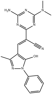 (2E)-2-[4-amino-6-(dimethylamino)-1,3,5-triazin-2-yl]-3-(5-hydroxy-3-methyl-1-phenyl-1H-pyrazol-4-yl)prop-2-enenitrile Struktur