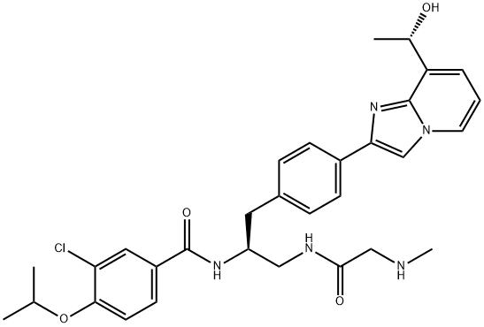 3-chloro-N-((2S)-1-(4-(8-(1-hydroxyethyl)imidazo[1,2-a]pyridin-2-yl)phenyl)-3-(2-(methylamino)acetamido)propan-2-yl)-4-isopropoxybenzamide Struktur