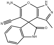 6'-amino-3'-methyl-2-oxo-1,2-dihydro-1'H-spiro[indole-3,4'-pyrano[2,3-c]pyrazole]-5'-carbonitrile Struktur