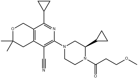 (R)-8-cyclopropyl-6-(3-cyclopropyl-4-(3-methoxypropanoyl)piperazin-1-yl)-3,3-dimethyl-3,4-dihydro-1H-pyrano[3,4-c]pyridine-5-carbonitrile Struktur