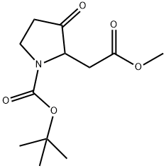 2-Methoxycarbonylmethyl-3-oxo-pyrrolidine-1-carboxylic acid tert-butyl ester Struktur