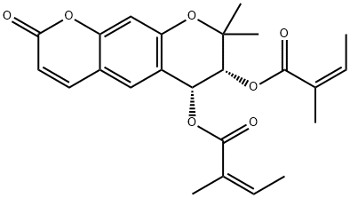 (2Z,2'Z)-(3R,4R)-2,2-dimethyl-8-oxo-2,3,4,8-tetrahydropyrano[3,2-g]chromene-3,4-diyl bis(2-methylbut-2-enoate) Struktur