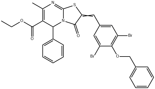 (E)-ethyl 2-(4-(benzyloxy)-3,5-dibromobenzylidene)-7-methyl-3-oxo-5-phenyl-3,5-dihydro-2H-thiazolo[3,2-a]pyrimidine-6-carboxylate Struktur