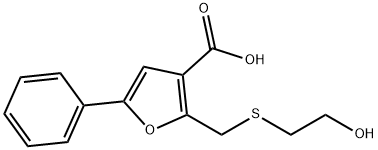 2-(((2-hydroxyethyl)thio)methyl)-5-phenylfuran-3-carboxylic acid Struktur