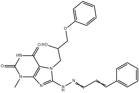 7-(2-hydroxy-3-phenoxypropyl)-3-methyl-8-{(2E)-2-[(2E)-3-phenylprop-2-en-1-ylidene]hydrazinyl}-3,7-dihydro-1H-purine-2,6-dione Struktur