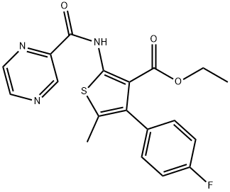 ethyl 4-(4-fluorophenyl)-5-methyl-2-(pyrazine-2-carboxamido)thiophene-3-carboxylate Struktur