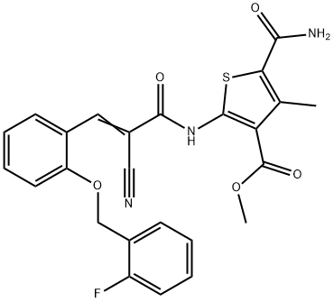 (E)-methyl 5-carbamoyl-2-(2-cyano-3-(2-((2-fluorobenzyl)oxy)phenyl)acrylamido)-4-methylthiophene-3-carboxylate Struktur