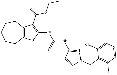 ethyl 2-(3-(1-(2-chloro-6-fluorobenzyl)-1H-pyrazol-3(2H)-ylidene)thioureido)-5,6,7,8-tetrahydro-4H-cyclohepta[b]thiophene-3-carboxylate Struktur