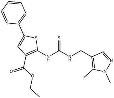 ethyl 2-(3-((1,5-dimethyl-1H-pyrazol-4-yl)methyl)thioureido)-5-phenylthiophene-3-carboxylate Struktur