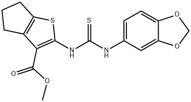 methyl 2-(3-(benzo[d][1,3]dioxol-5-yl)thioureido)-5,6-dihydro-4H-cyclopenta[b]thiophene-3-carboxylate Struktur