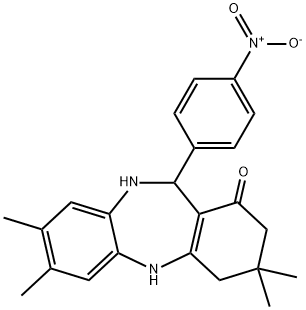 3,3,7,8-tetramethyl-11-(4-nitrophenyl)-2,3,4,5,10,11-hexahydro-1H-dibenzo[b,e][1,4]diazepin-1-one Struktur