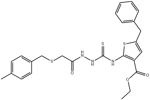 ethyl 5-benzyl-2-(2-(2-((4-methylbenzyl)thio)acetyl)hydrazinecarbothioamido)thiophene-3-carboxylate Struktur