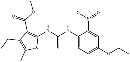 methyl 2-(3-(4-ethoxy-2-nitrophenyl)thioureido)-4-ethyl-5-methylthiophene-3-carboxylate Struktur