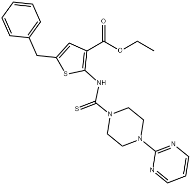 ethyl 5-benzyl-2-(4-(pyrimidin-2-yl)piperazine-1-carbothioamido)thiophene-3-carboxylate Struktur