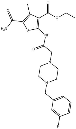 ethyl 5-carbamoyl-2-(2-(4-(3-fluorobenzyl)piperazin-1-yl)acetamido)-4-methylthiophene-3-carboxylate Struktur