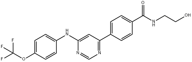 N-(2-hydroxyethyl)-4-(6-(4-(trifluoromethoxy)phenylamino)pyrimidin-4-yl)benzamide Struktur